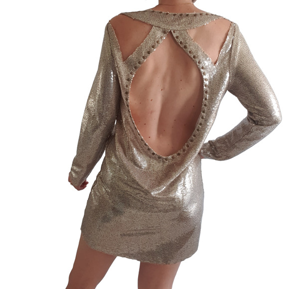 Spell Dresses & Skirts - Spell & The Gypsy Sequin Mini Dress Bond Gold XS Long Sleeve Studs Open Back